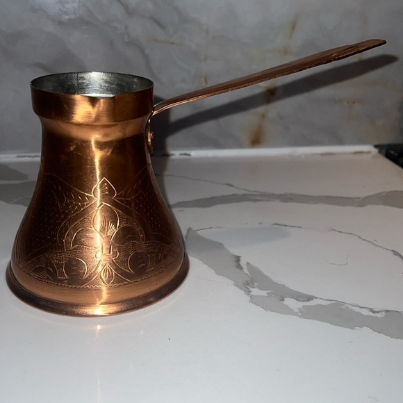 Etched Copper Turkish Coffee Pot Milk Warmer with Long Handle - Picture 4 of 7